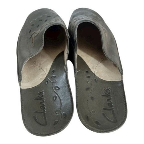 Clarks Olive Green Leather Embroidered Mules Slides Casual Shoes Women Size 9M - Picture 6 of 12